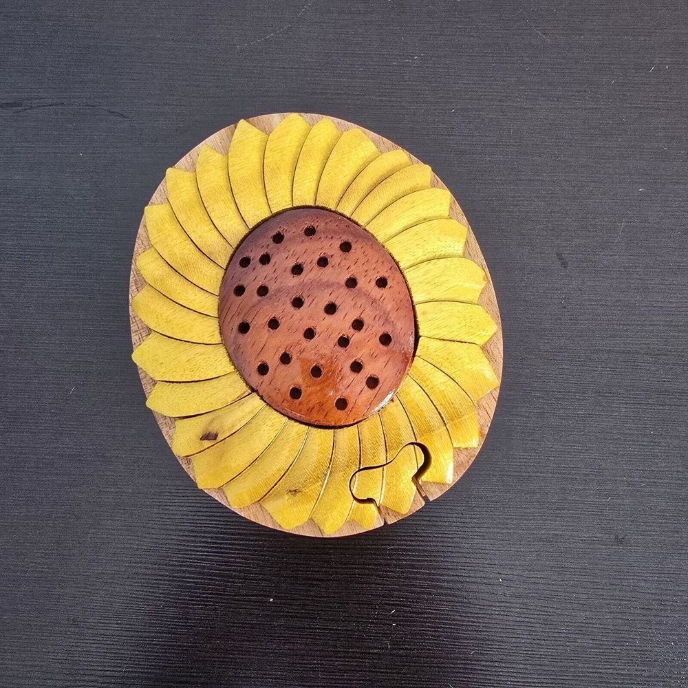 Handcrafted Wooden Sunflower Shape Secret‎ Jewelry Puzzle Box